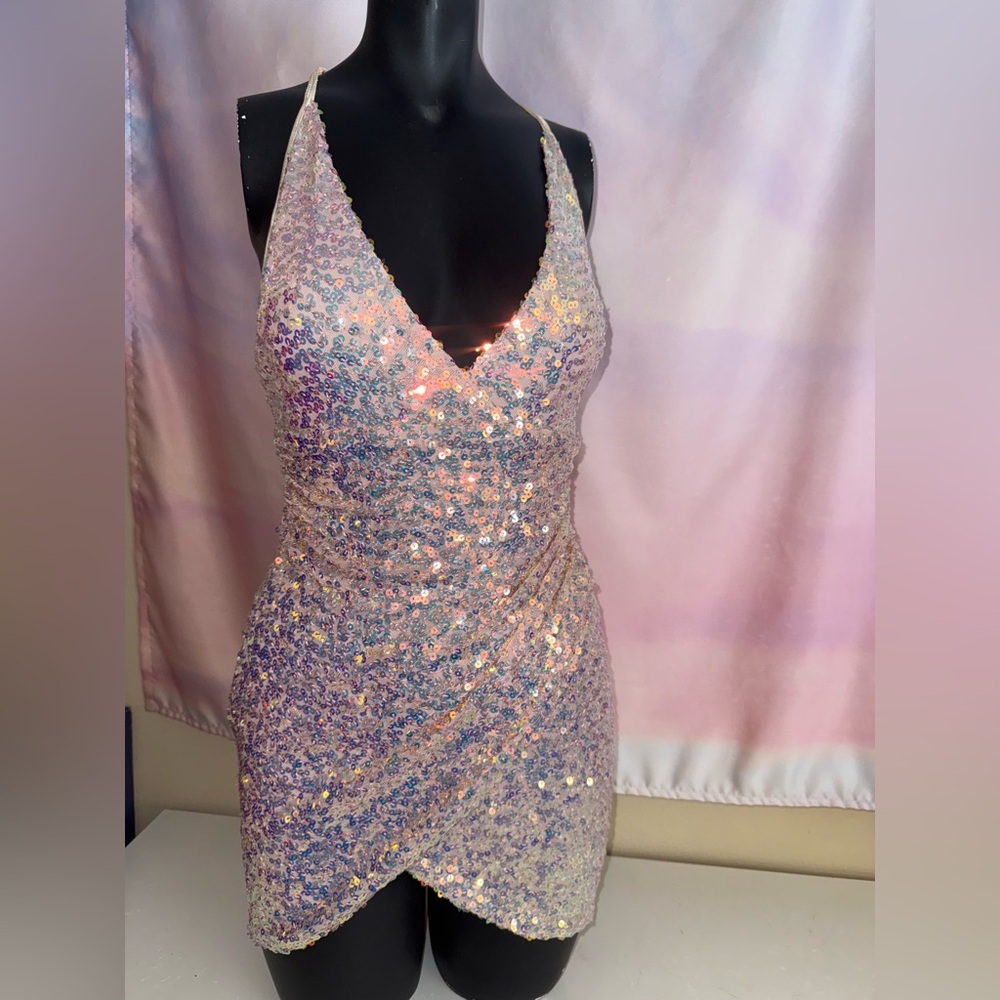 Fashion Nova Pink Sequin Ruched Bodycon Dress